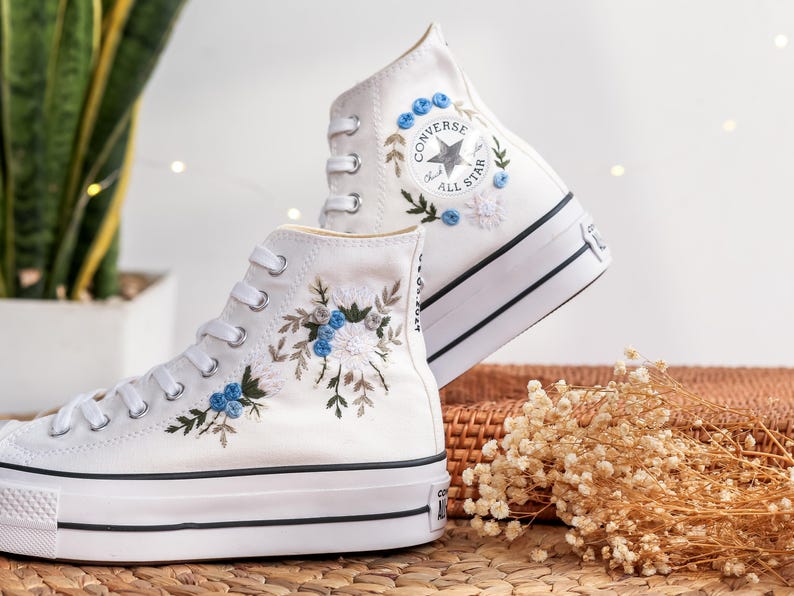 White Dahlia Wedding Converse Embroidery