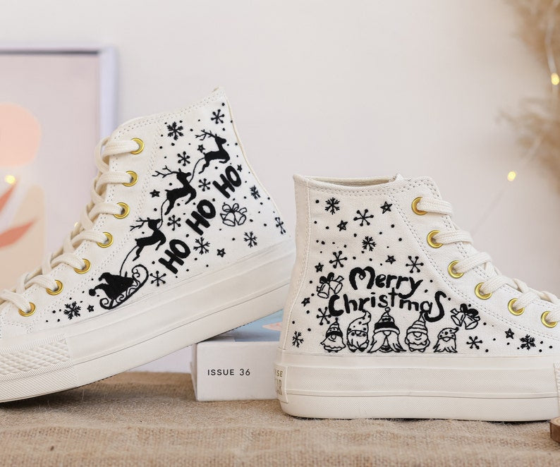 Converse Embroidered With Herd of Reindeer and Santa Claus