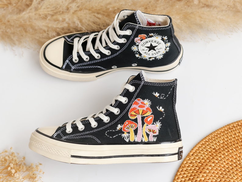 Converse Embroidery Bee Colorful Mushroom Garden High Tops