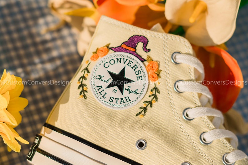 Embroidered Sneakers Witch Hat And Flowers