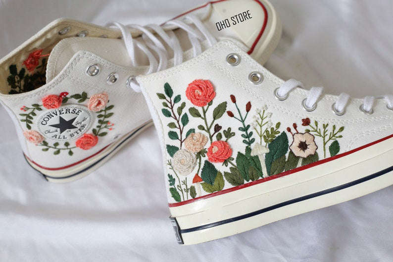 Coral Rose Garden Converse Embroidery