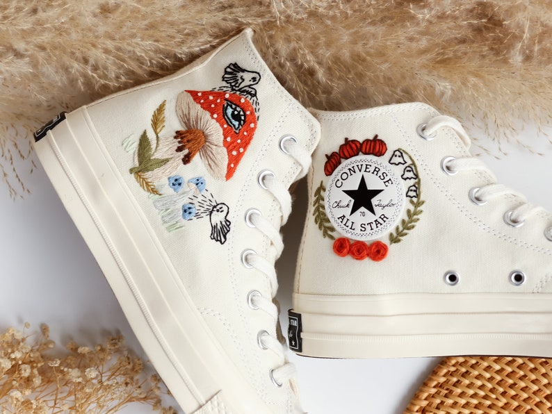 Ghosts and Mushrooms Evil Eye Embroidered Shoes Custom High Tops