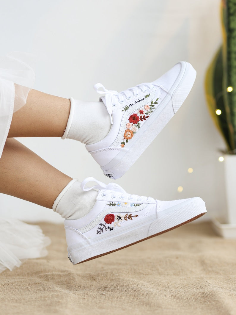 Vans Embroidered Red and Burnt Orange Flowers