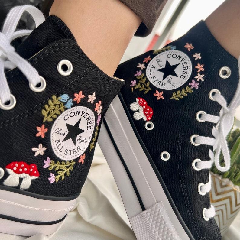 Squirrel, Mushroom, and Floral Converse Embroidery