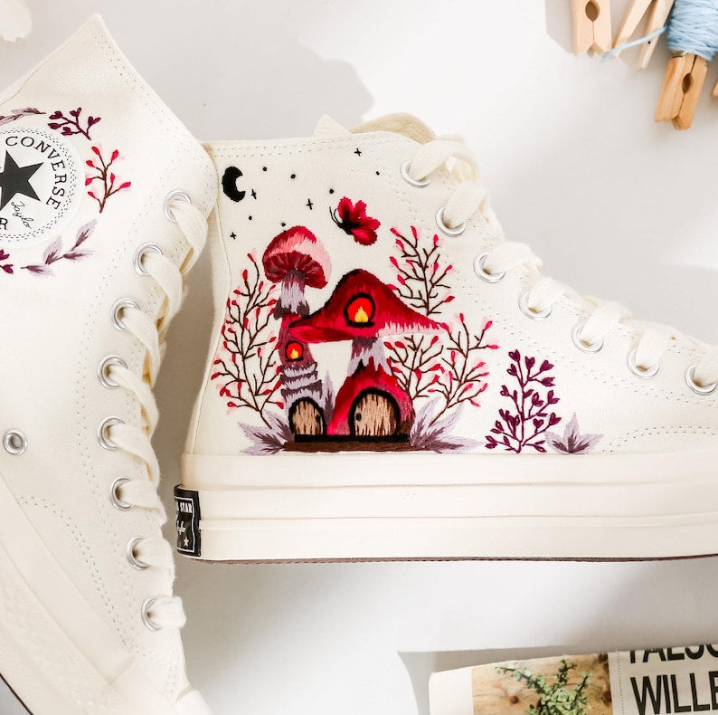 Red Mushrooms Embroidered Converse Shoes