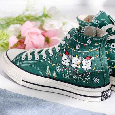 Meowy Christmas Embroidered Converse Shoes