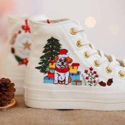 Embroidered Dog Christmas Shoes, Puppy Embroidered Converse