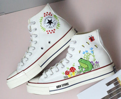 Frog and mushroom embroidered shoes