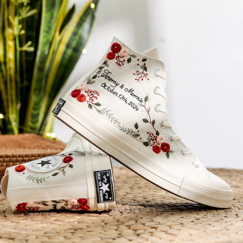 Red Rose Berry Vine Wedding Converse Embroidery