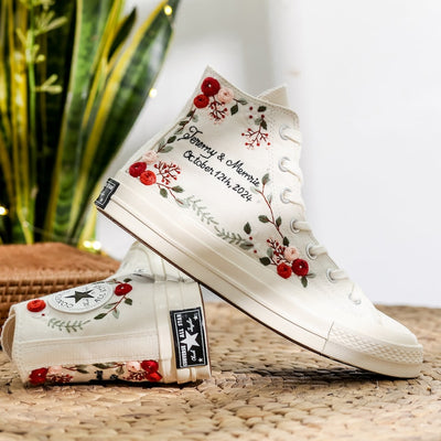 Red Rose Berry Vine Wedding Converse Embroidery