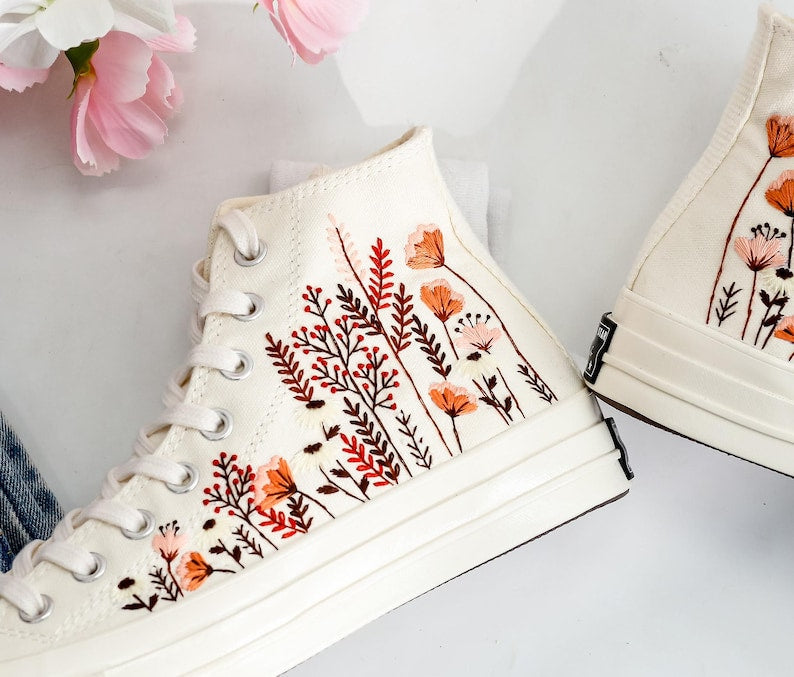 Burnt Orange Bouquet Embroidered Converse Shoes