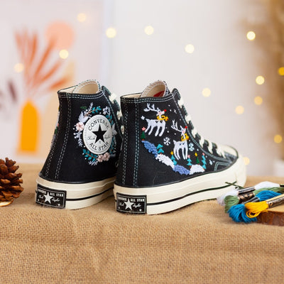 Custom Converse High Tops Embroidered Reindeer Christmas