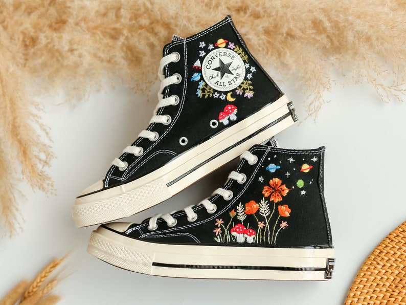 Mushroom and Orange Flower Garden Embroidered Shoes Custom High Tops