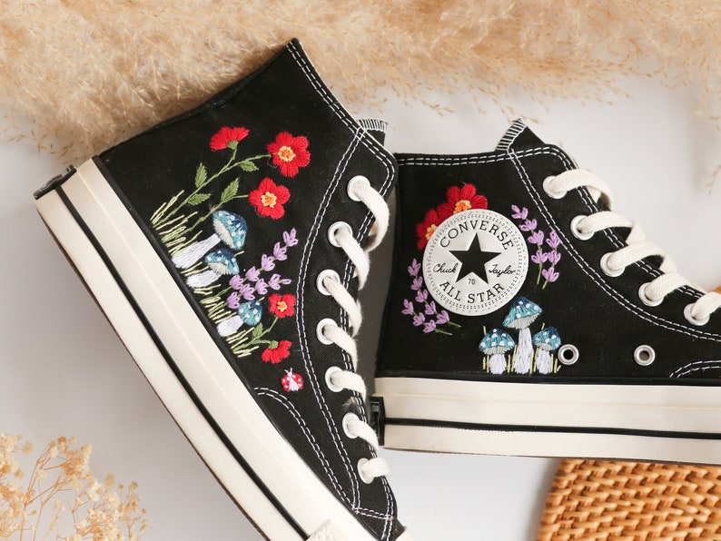 Custom Converse Embroidered Blue Mushrooms and Red Flowers High Top