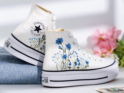 Wedding Blue Flowers Embroidered Converse Shoes