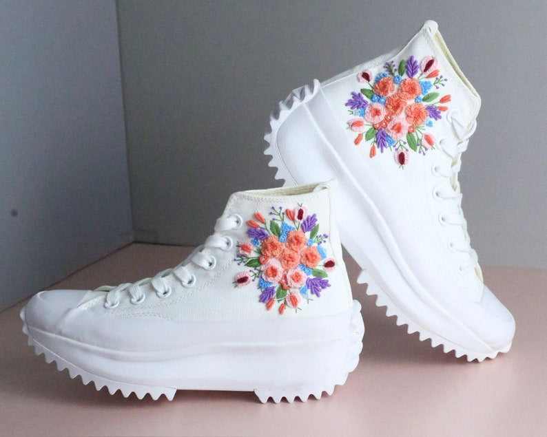 Peach Floral Bouquet Converse Embroidery