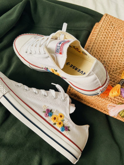 Sunflowers And Roses Garden Embroidered Converse Low Top