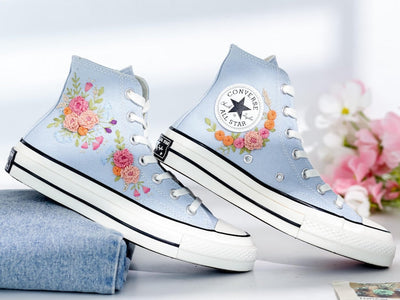 Pink Flower Embroidered Converse Shoes