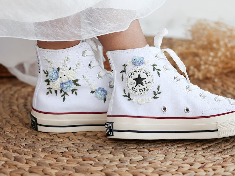 Blue Rose & Hydrangea Wedding Converse Embroidery