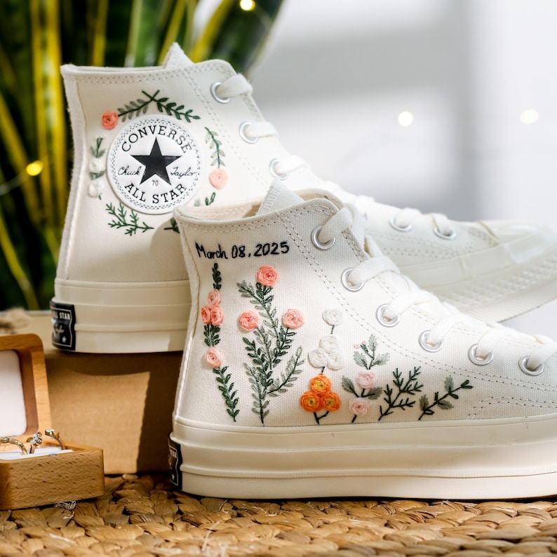Peach Roses Wedding Converse Embroidery