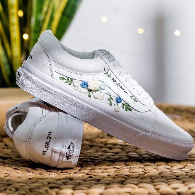 Blue White Rose Wedding Converse Embroidery