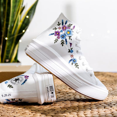 Blue Purple Floral Wedding Converse Embroidery