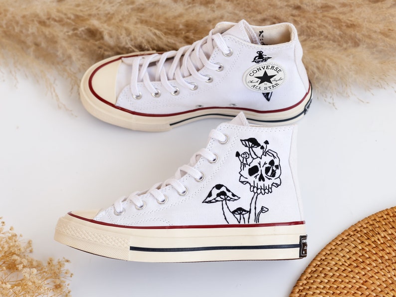 Ghost and Mushrooms Embroidered Gothic Sneaker High Tops