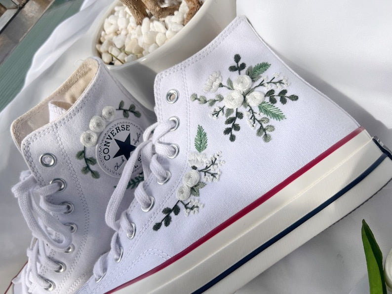 White Flower  Embroidered Converse