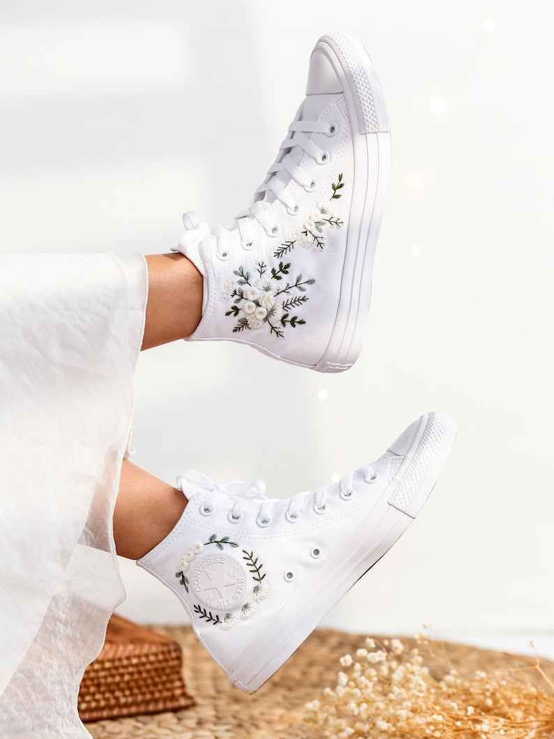 White Rose Bouquet Converse Embroidery