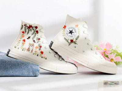 Wedding Flowers and Cat Embroidered Converse Shoes