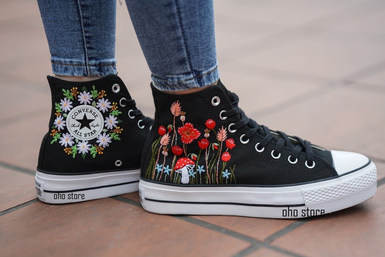 Mushroom and flower embroidered shoes