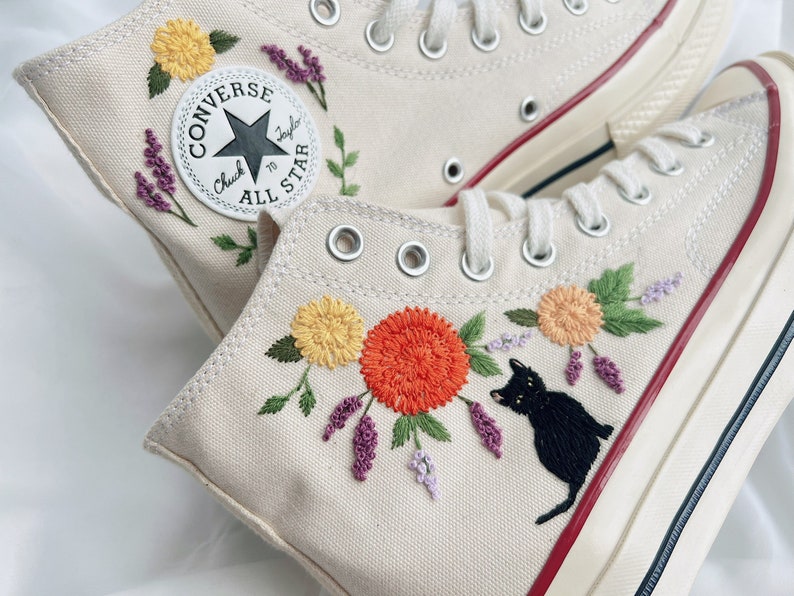 Black Cat & Orange Flowers Converse Embroidery