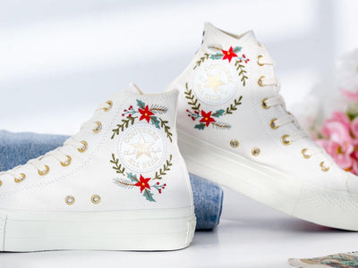 Poinsettia Flowers Embroidered Converse Shoes