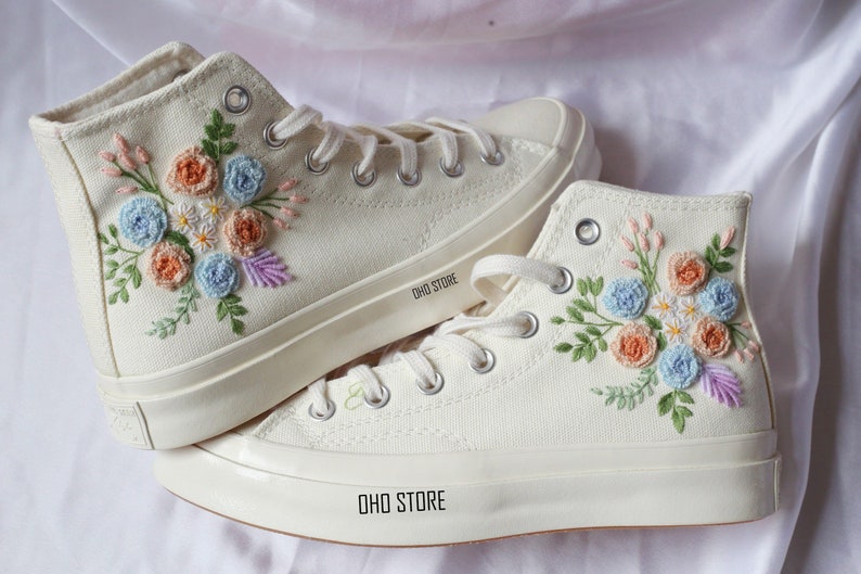 White Flowers Embroidered Sneakers for Bride