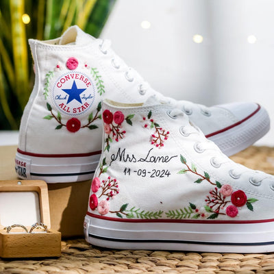 Pink Rose Berry Vine Wedding Converse Embroidery
