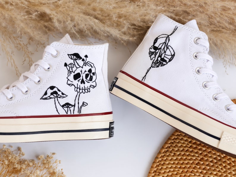 Ghost and Mushrooms Embroidered Gothic Sneaker High Tops