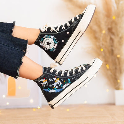 Custom Converse High Tops Embroidered Reindeer Christmas