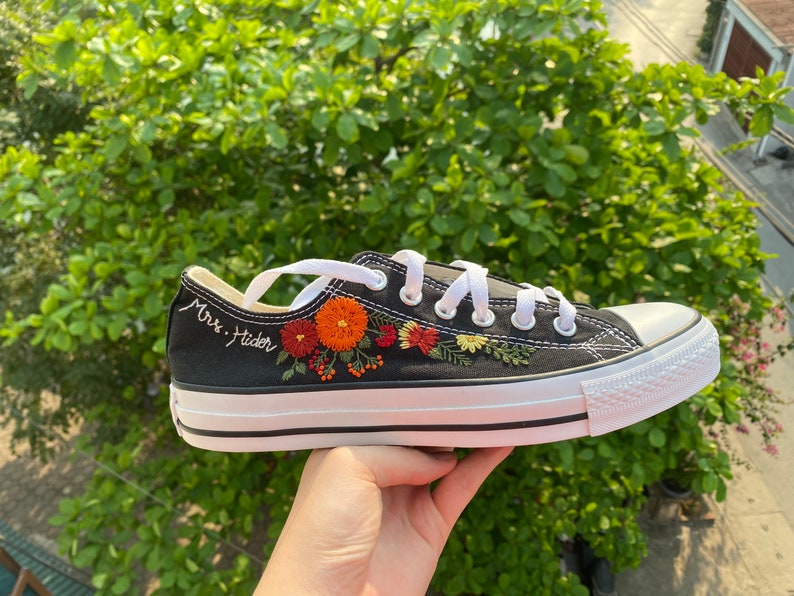 Orange & Red Floral Converse Embroidery