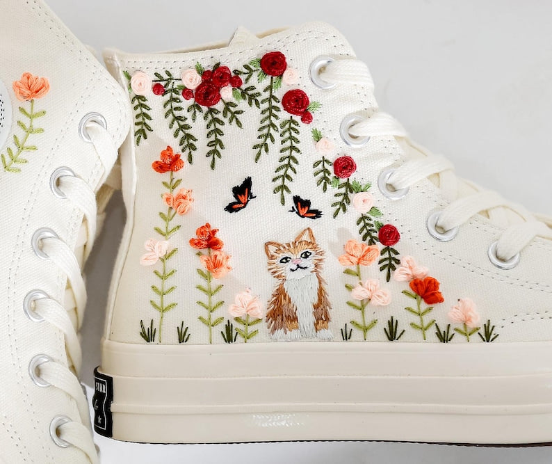 Wedding Flowers and Cat Embroidered Converse Shoes