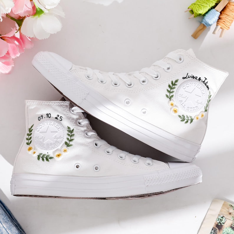 White Floral Embroidery Converse Shoes