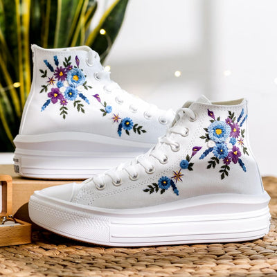 Blue Purple Floral Wedding Converse Embroidery