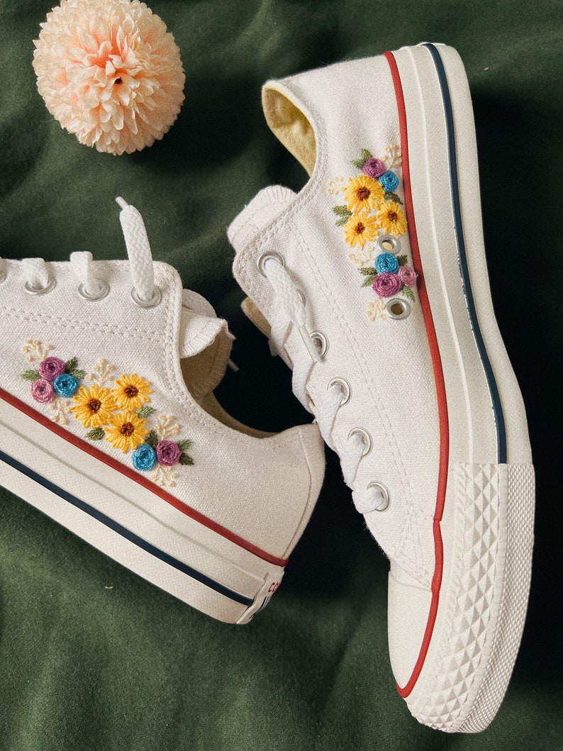 Sunflowers And Roses Garden Embroidered Converse Low Top