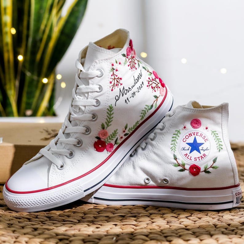 Pink Rose Berry Vine Wedding Converse Embroidery