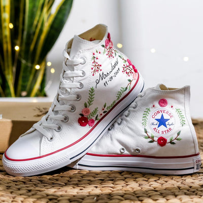 Pink Rose Berry Vine Wedding Converse Embroidery