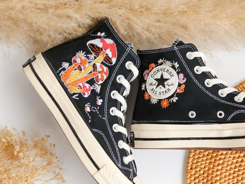 Converse Embroidery Bee Colorful Mushroom Garden High Tops