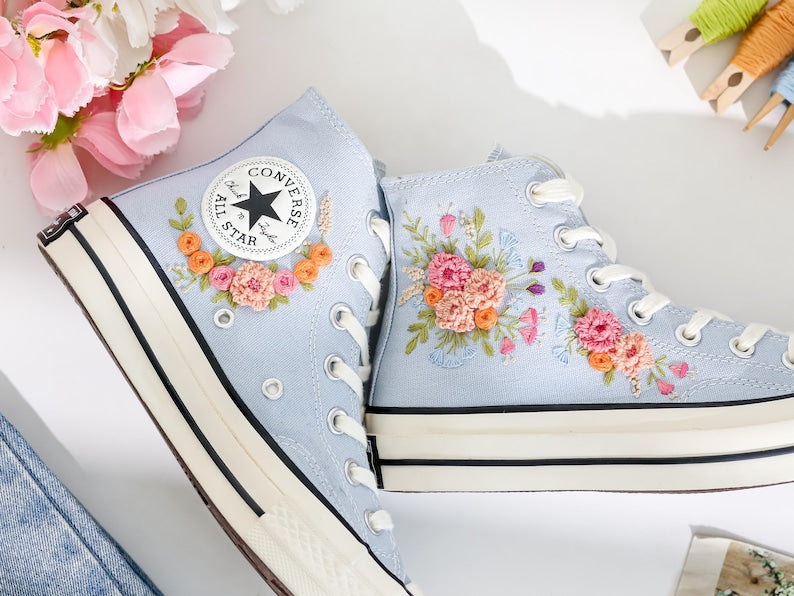 Pink Flower Embroidered Converse Shoes