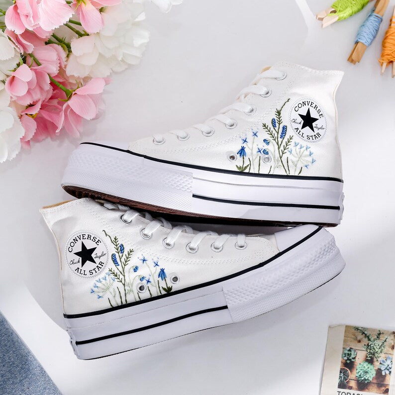 Wedding Blue Flowers Embroidered Converse Shoes