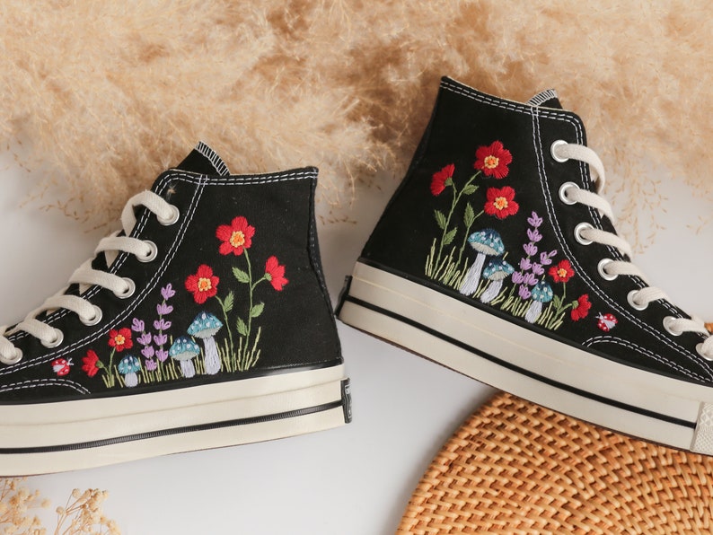 Custom Converse Embroidered Blue Mushrooms and Red Flowers High Top