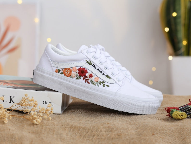 Vans Embroidered Red and Burnt Orange Flowers