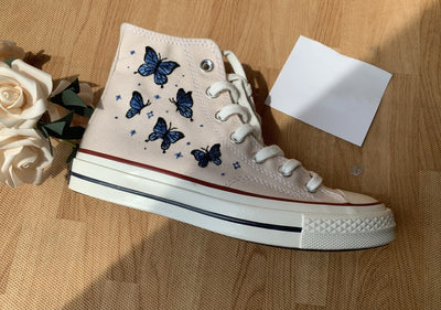Blue Butterflies and Flowers Converse Embroidery
